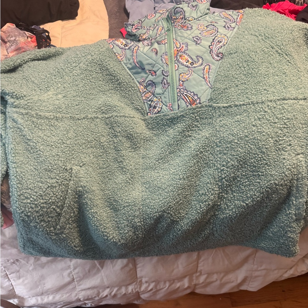 Vera Bradley Cozy Teal Sherpa Pullover with Paisley Accent